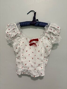 White Rose-Print Lace Trim Puff Sleeve Crop Top